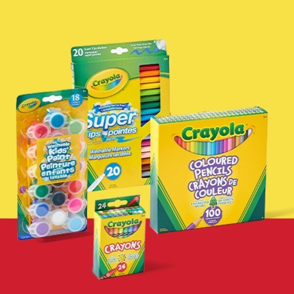 four crayola producst in yellow packaging on yellow and red background